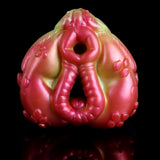 Unicorn masturbator front view with large center opening, pink and lime textured finish