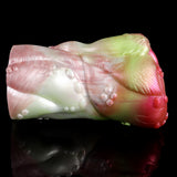 Iridescent unicorn fleshlight side view, pastel pink, pale green, and glossy texture