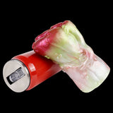 Quavionix unicorn masturbator with red handle base and curved body in pink-lime colors