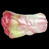Unicorn-themed masturbator, side profile with pink-lime glossy sculpted details