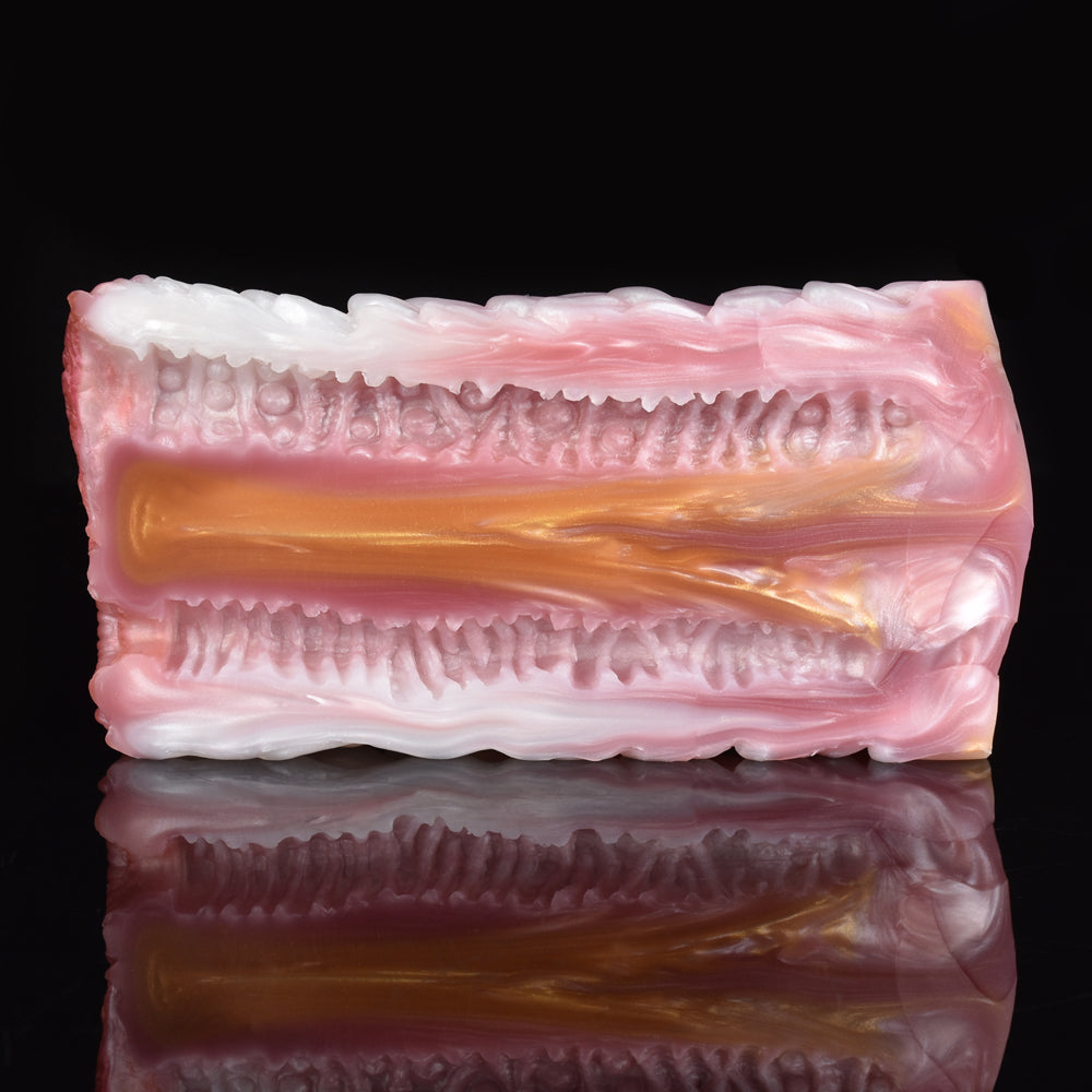 Canine fleshlight stroker with crosswise ribbing and pale pink with warm beige accents.