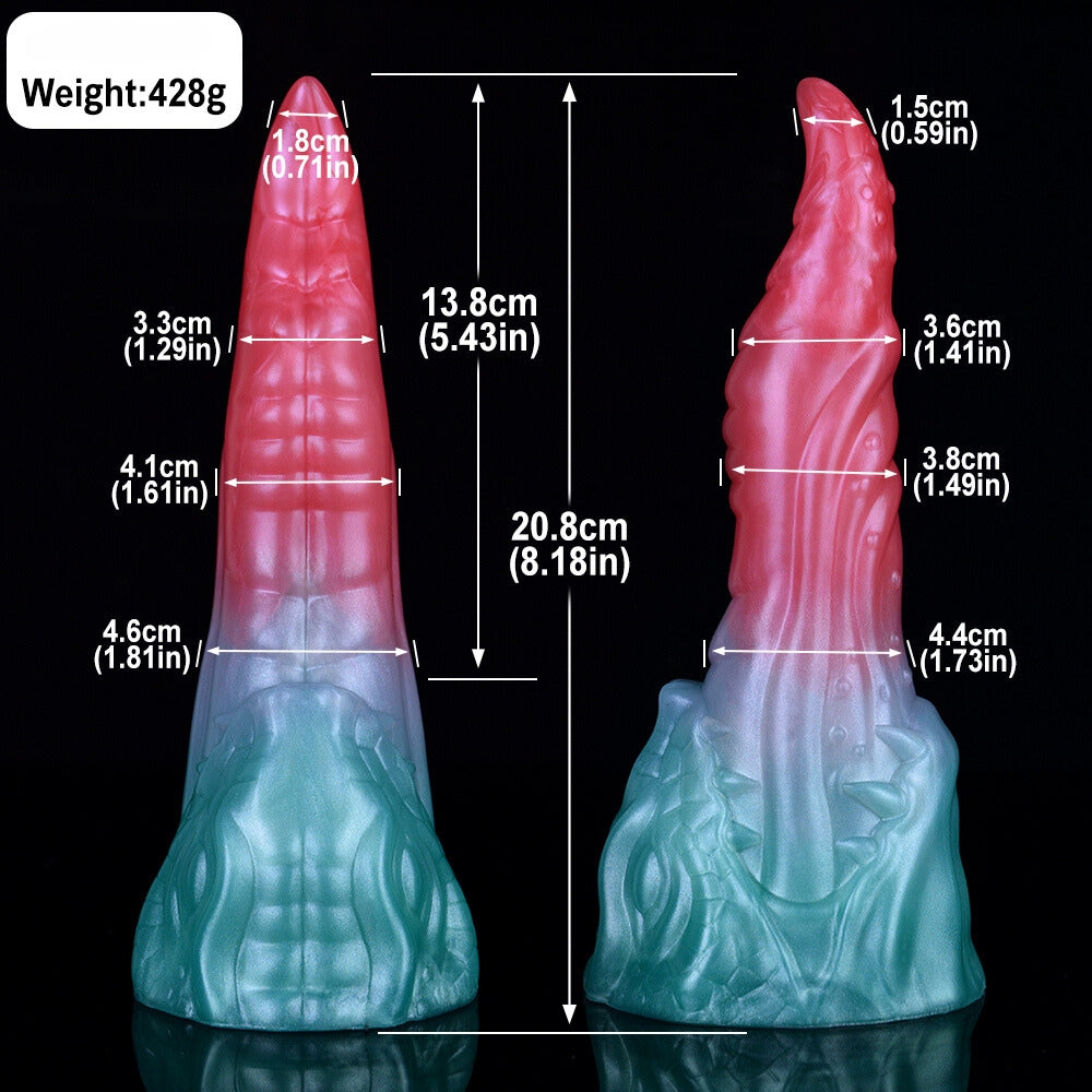 Pink and light-blue dragon-style dildo with height and width measurement lines.
