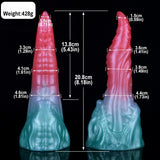 Pink and light-blue dragon-style dildo with height and width measurement lines.