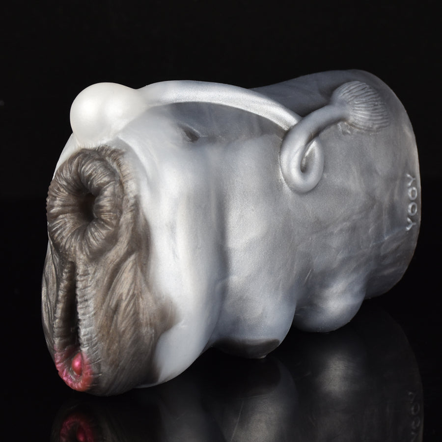 Angus cow-shaped masturbator with gray fur, rear view with textured opening