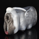 Furry light-gray cow-shaped sex toy with detailed muzzle and pink inner opening