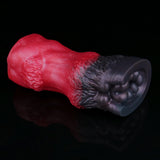 Red and black pleasure toy with curved shape and rounded, ball-like tip.