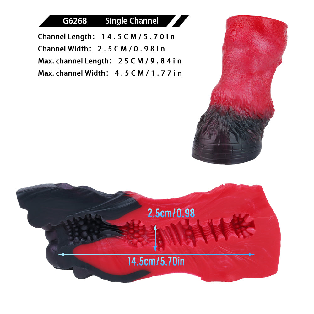 Red and black pleasure toy with flared rim, ribbed center, and textured shaft.