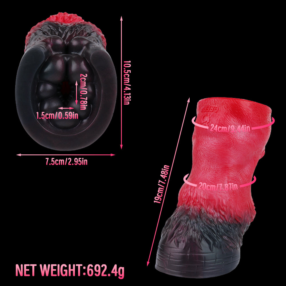 Red and black pleasure toy with bulbous grip and ribbed, rounded bottom.