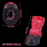 Red and black pleasure toy with bulbous grip and ribbed, rounded bottom.