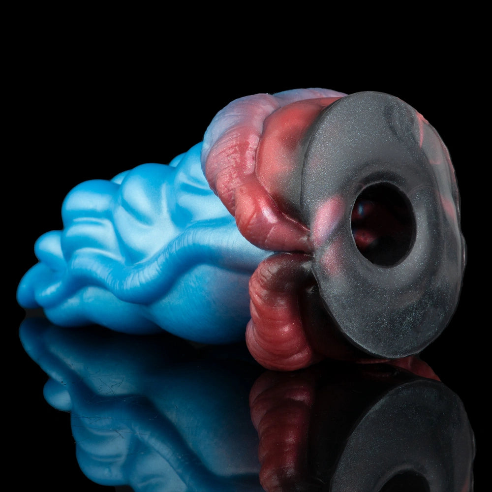 Blue and red alien-shaped tongue masturbator with gray suction-cup opening