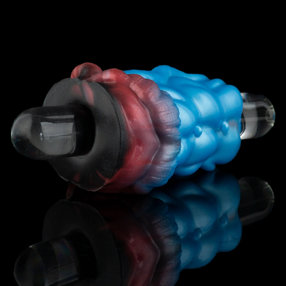 Alien tongue masturbator with clear tube tip and black base, side view