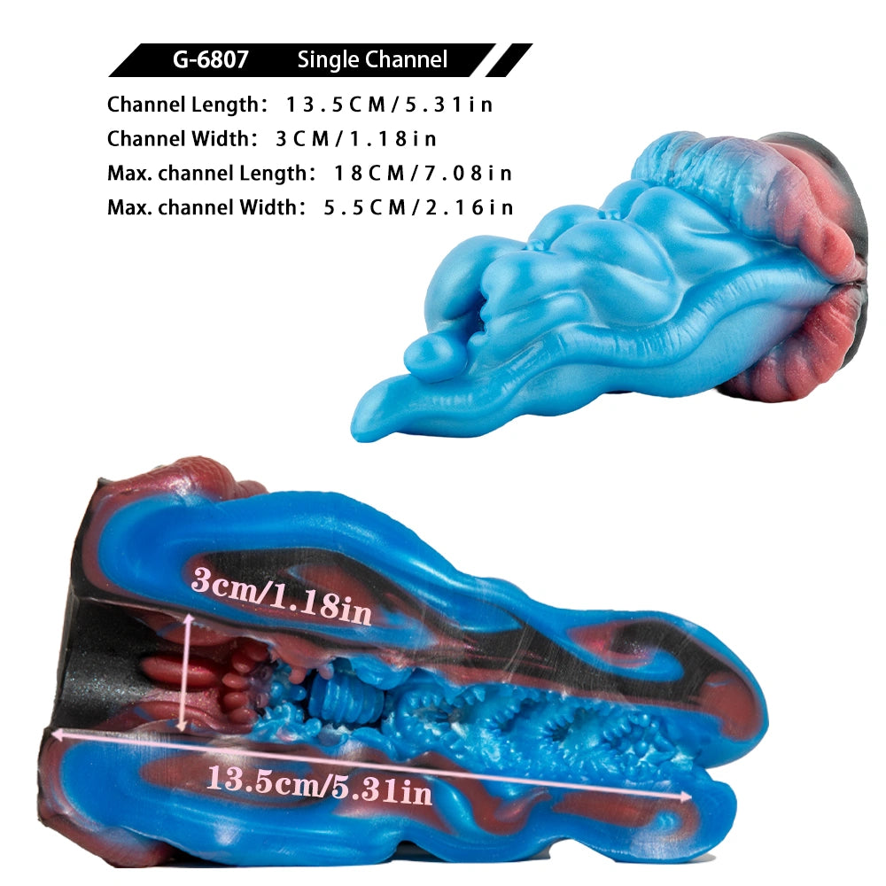 Alien tongue masturbator size chart diagram showing channel length and width