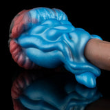 Blue alien tongue masturbator with curled red base and glossy ridged texture