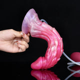 Rosa Fantasy-Dildo, Hand hält den schmalen Hals, gebogene Silhouette sichtbar