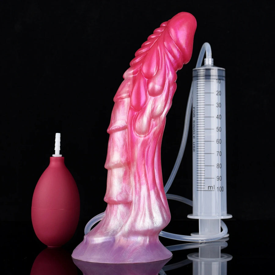 Adult novelty dildo with pink-purple translucent body, syringe and bulb pump included.