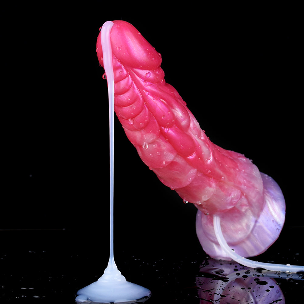 Rosa Fantasy-Dildo mit glatter Stab-Optik, Tropfen sichtbar, breite Endkappe
