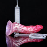Pink realistic fantasy ejaculating dildo, suction base, connected syringe and tubing