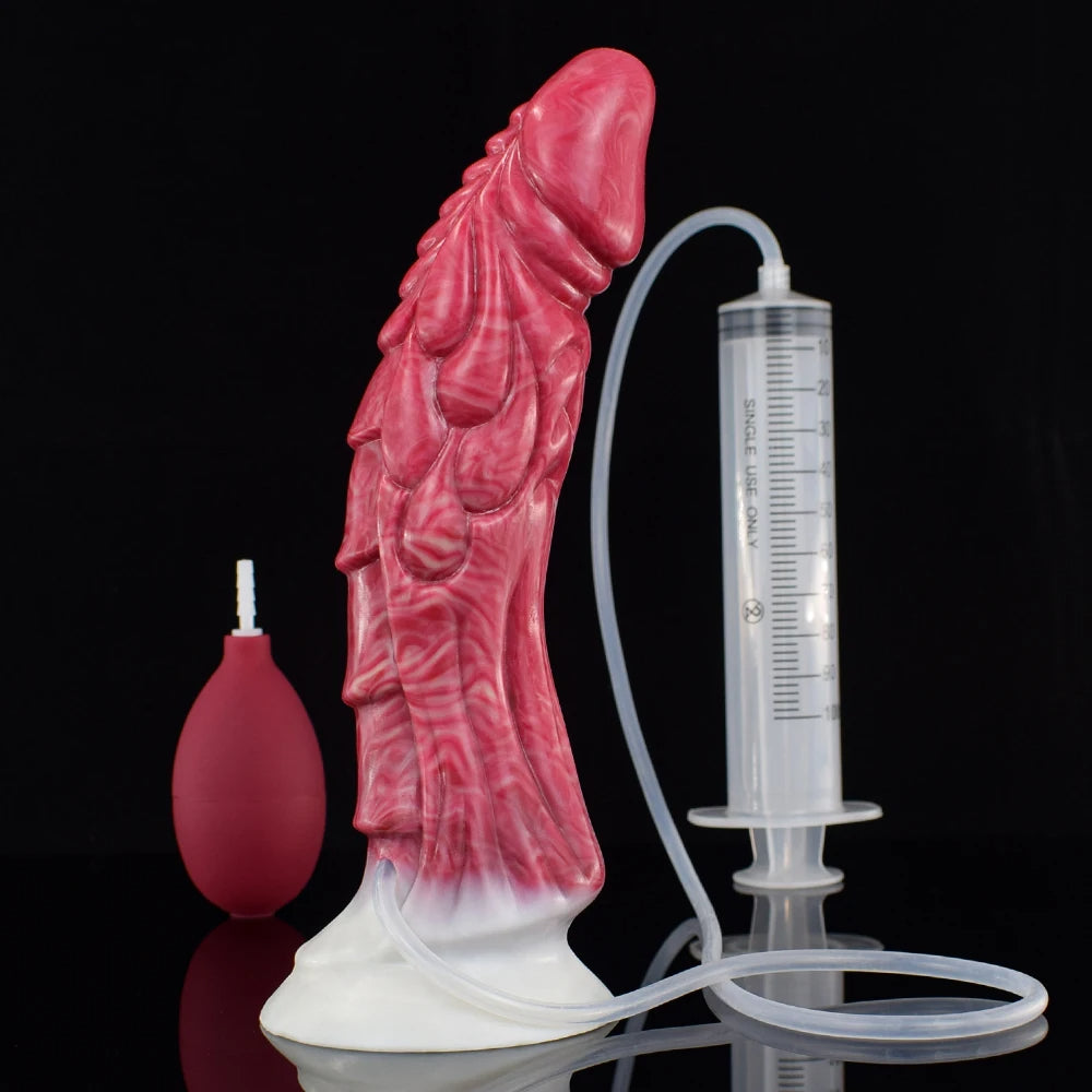 Rosa Fantasy-Dildo, seitliche Ansicht, mit Flossen-Textur und breiter Unterseite