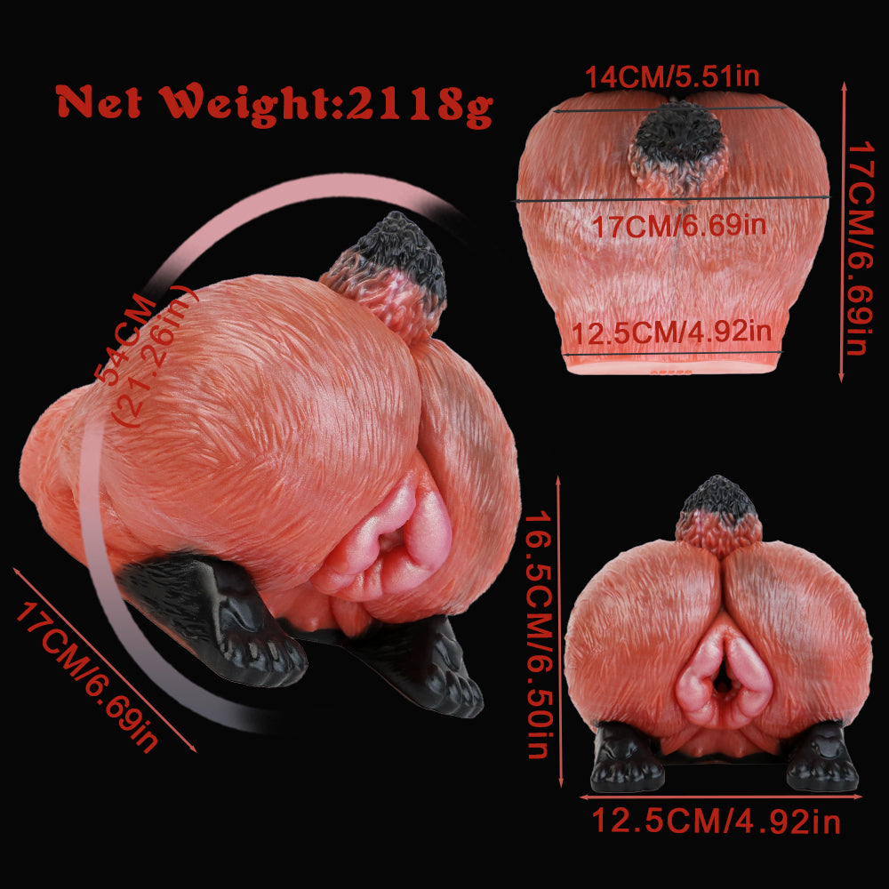 Red animal-shaped novelty sex toy sleeve with textured interior and flared opening