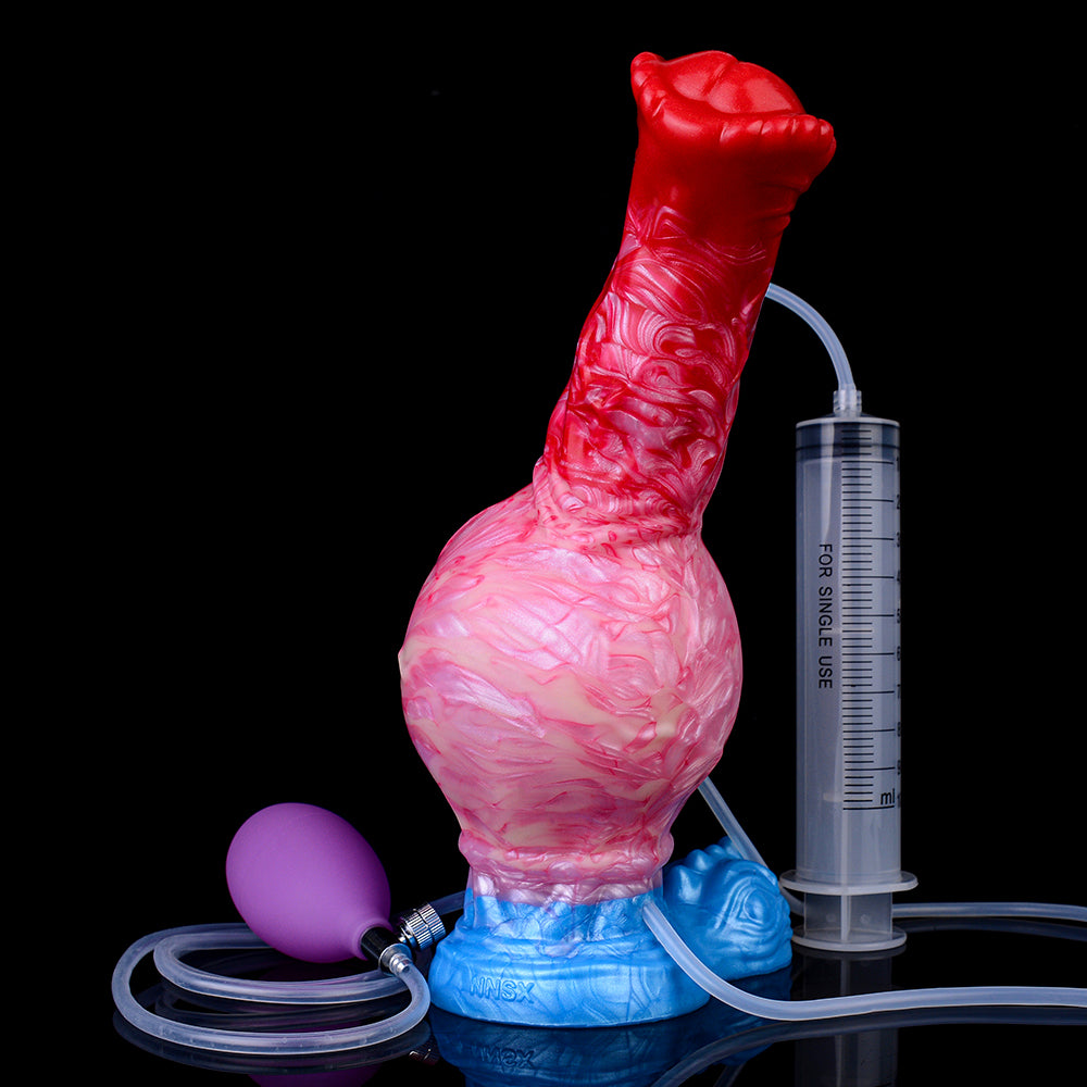 Inflatable dildo with red tip and pink swirl body, blue base, syringe and tube
