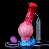 Inflatable dildo with red tip and pink swirl body, blue base, syringe and tube