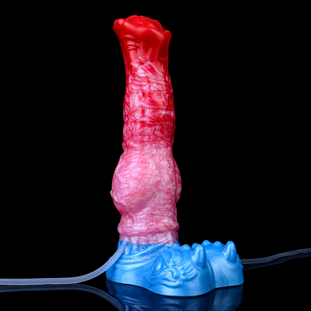 Tall knotted inflatable dildo, red tip and pink swirl body, blue base and tube