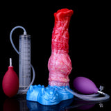 Inflatable dildo with red/pink swirl body, blue base, syringe, bulb and tubing