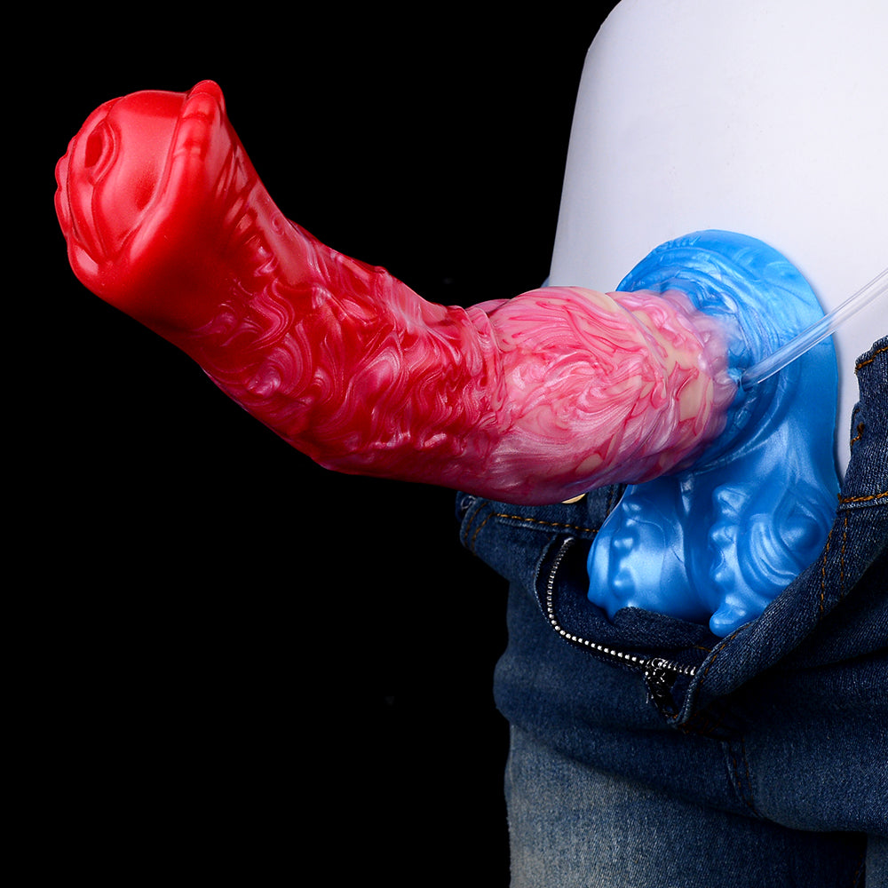 Red and pink swirl inflatable dildo, blue base, clear tube attached