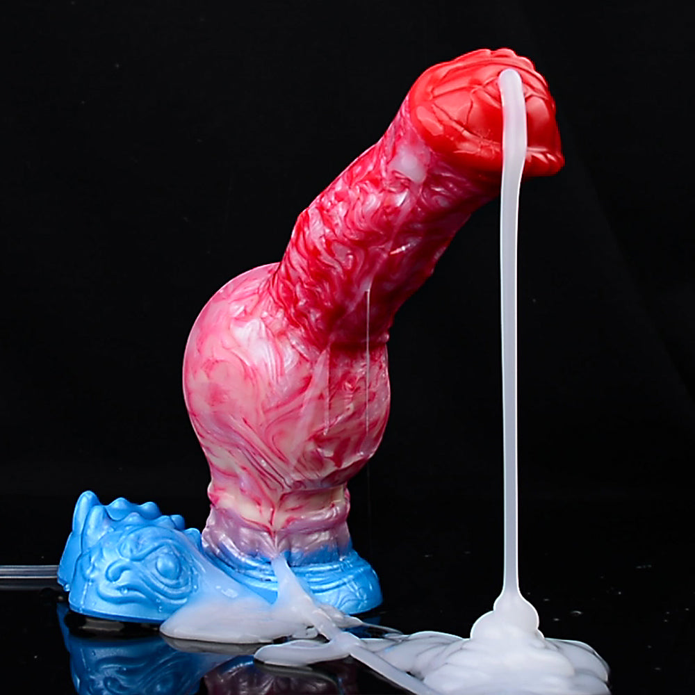Inflatable dildo with red/pink swirl shaft, blue base, clear applicator tube