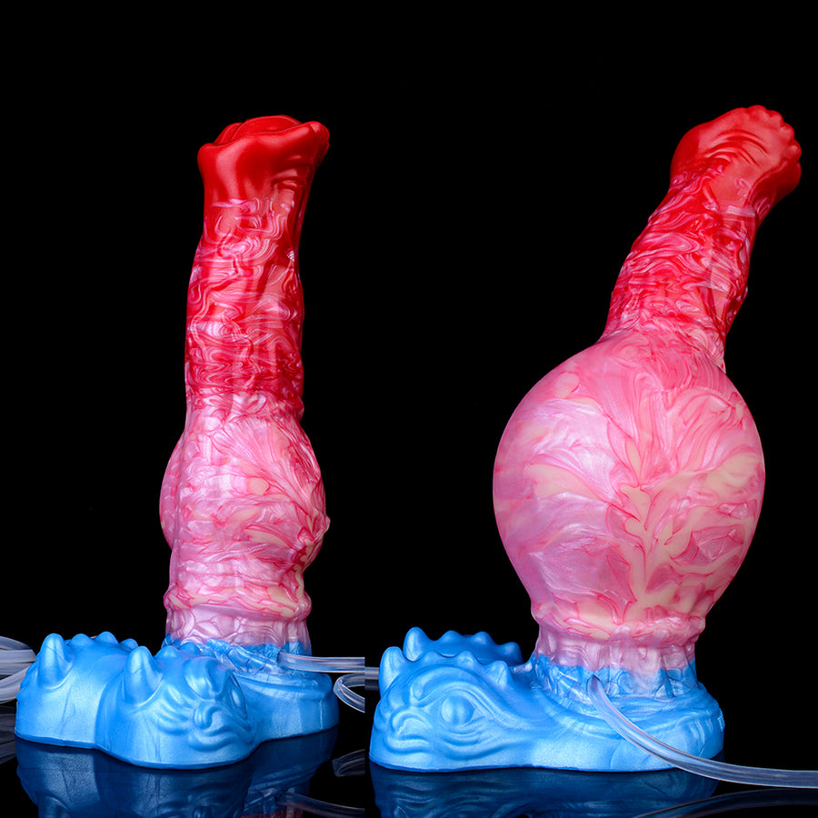 Inflatable dildo pair in red and pink tones with blue bases, two angles shown