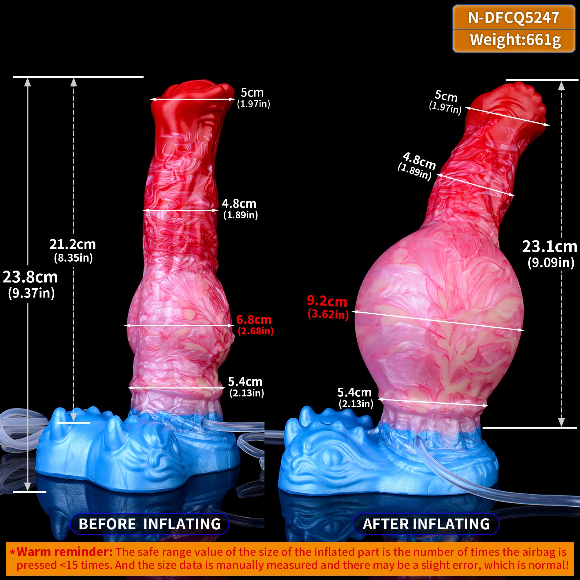 Inflatable dildo with red tip, pink swirl body, blue base and clear tube