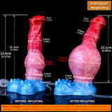 Inflatable dildo with red tip, pink swirl body, blue base and clear tube