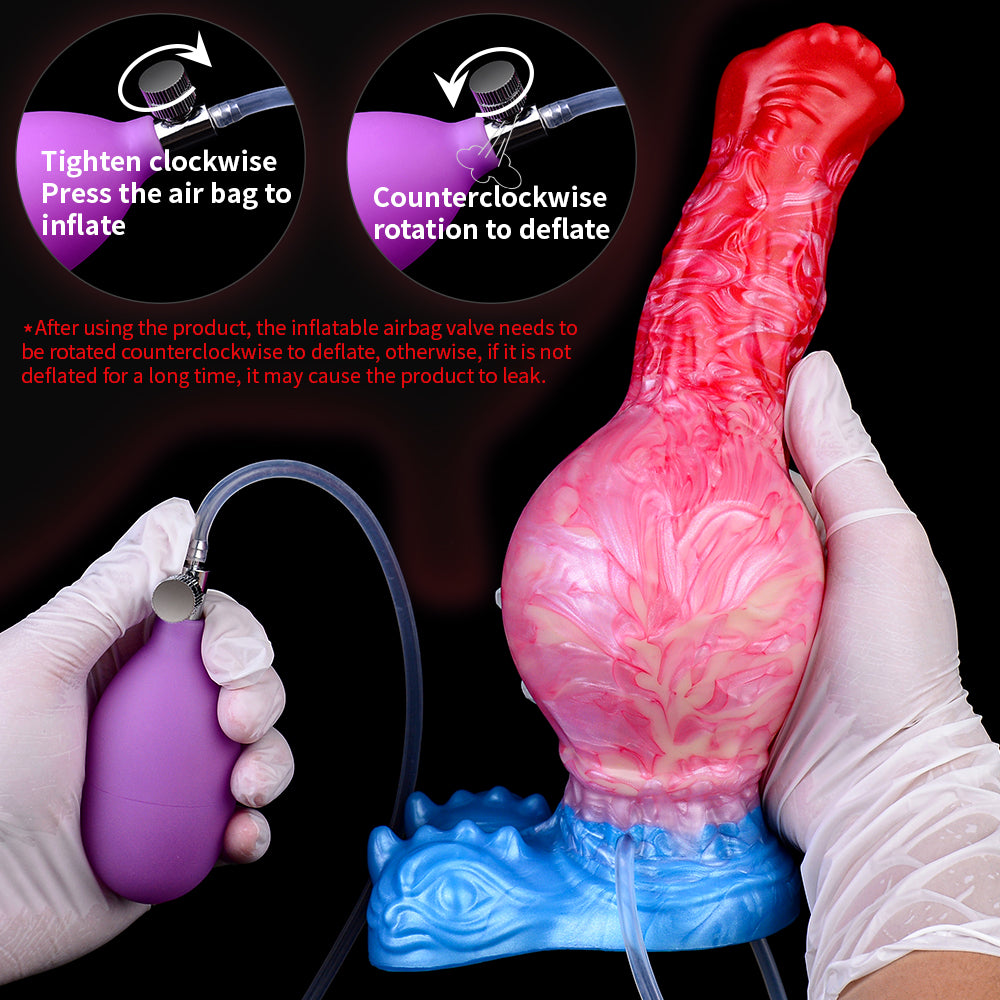 Inflatable dildo, red/pink swirl body and blue base with valve and tubing