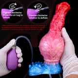 Inflatable dildo, red/pink swirl body and blue base with valve and tubing