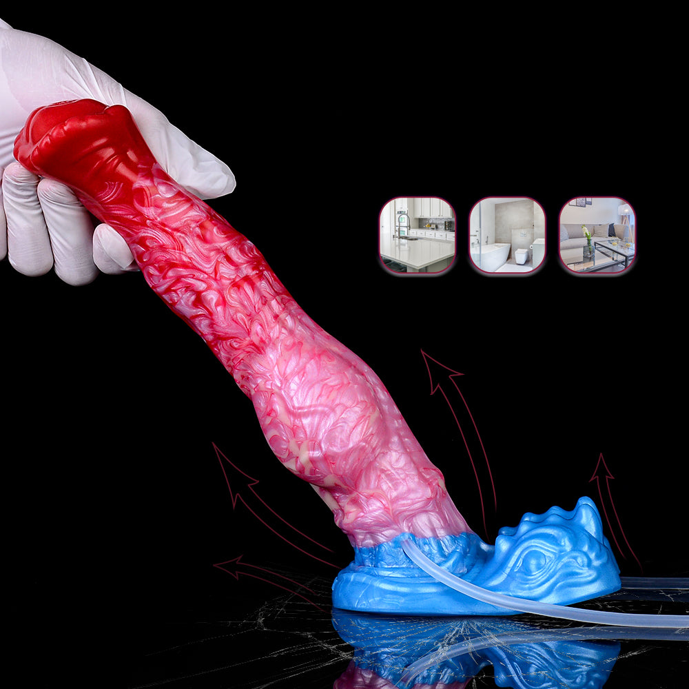Inflatable dildo with red/pink swirl shaft and blue base, clear tube attached