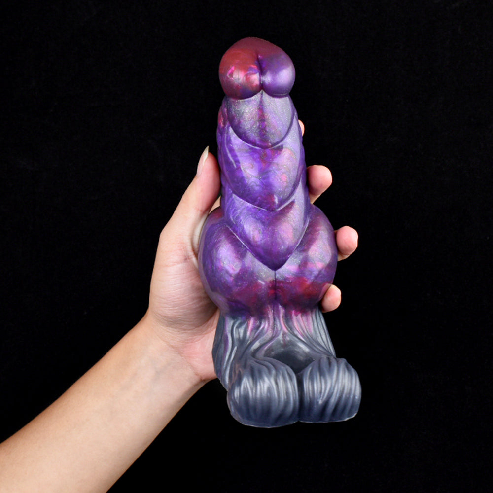 In der Hand: Monster Cock Sleeve lila gestreift mit grauer Manschette