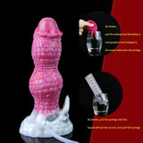 Dildo dragón rosa con jeringa y sistema de bolsa de aire para llenado