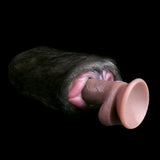 Rhinoceros Furry Fleshlight mit grauem Fell und rosa Öffnung an der Spitze, Seitenansicht