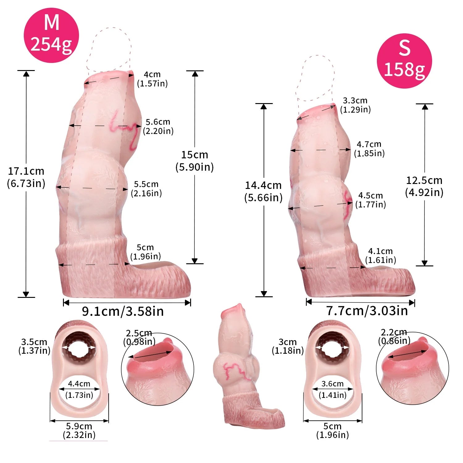 Dog cock sleeve sizing diagram with measurements for S and M