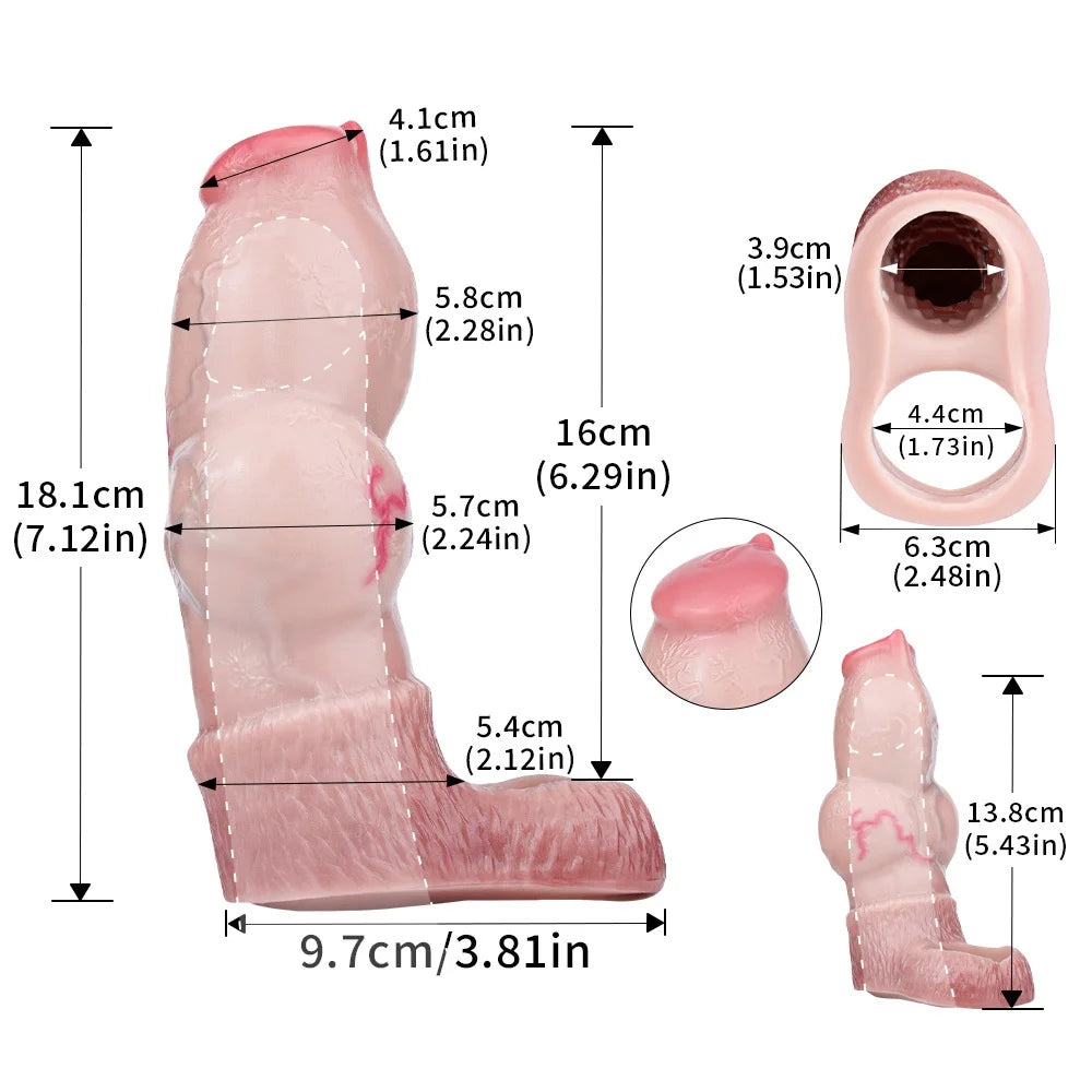 Dog cock sleeve sizing chart diagram with length and width measurements