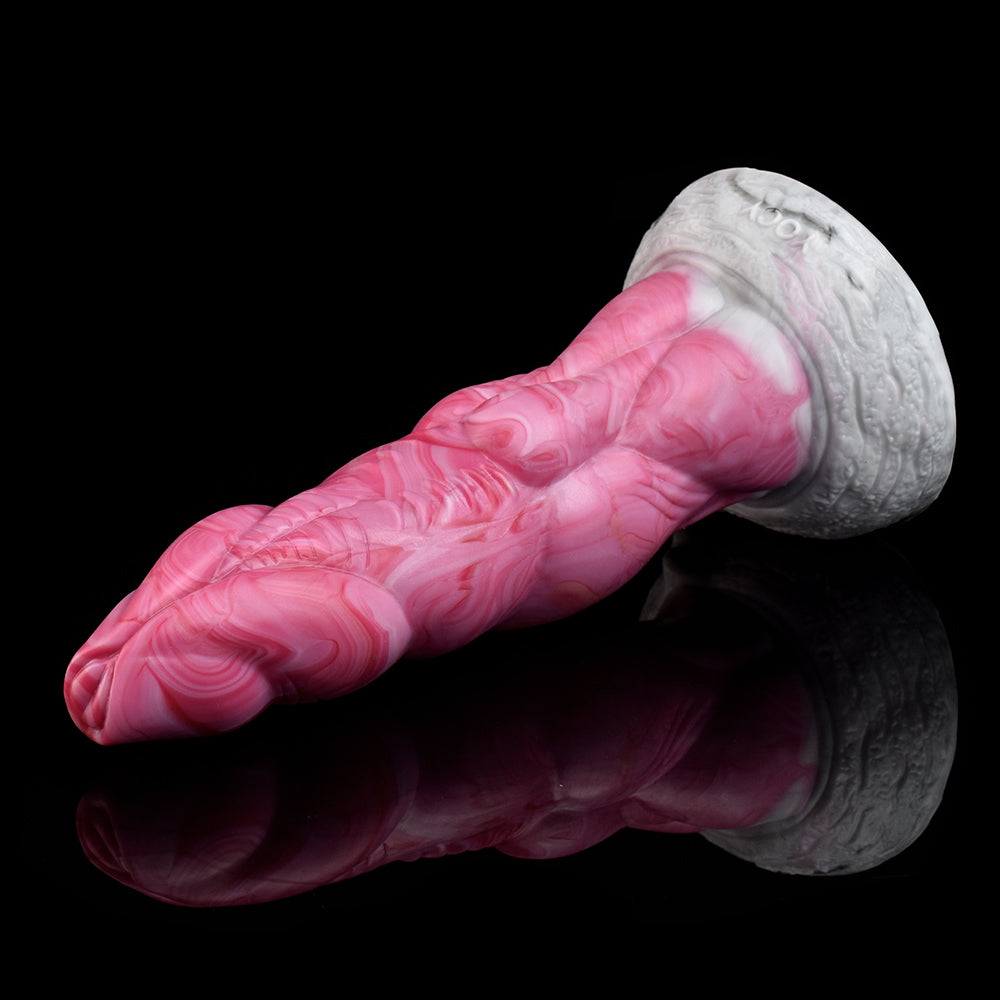 Pink marmorierter Alien-Vibrator im Seitenprofil, strukturierter Sockel, gerippt