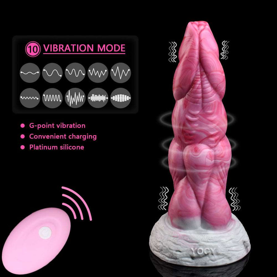 Pink ribbed alien vibrator with white base and multiple vibration mode settings