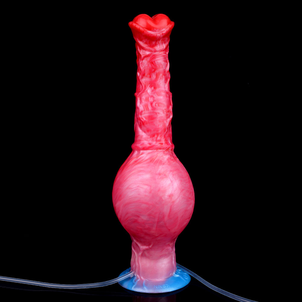 Inflatable equine dildo with pump, red textured shaft and rounded bulb base on blue