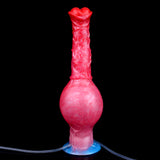 Inflatable equine dildo with pump, red textured shaft and rounded bulb base on blue