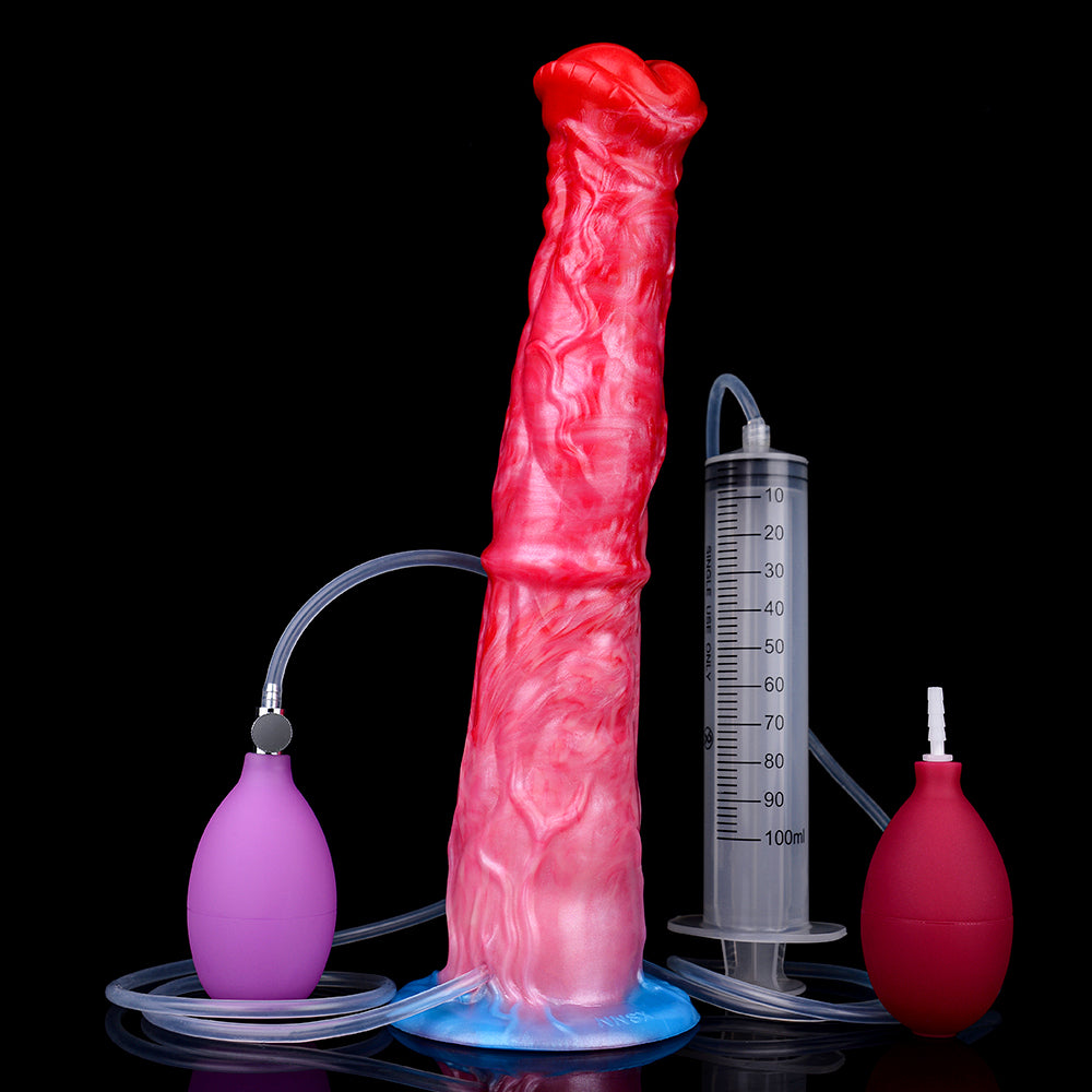 Inflatable equine dildo with pump, red body with air bulb and measuring cylinder