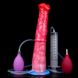 Inflatable equine dildo with pump, red body with air bulb and measuring cylinder