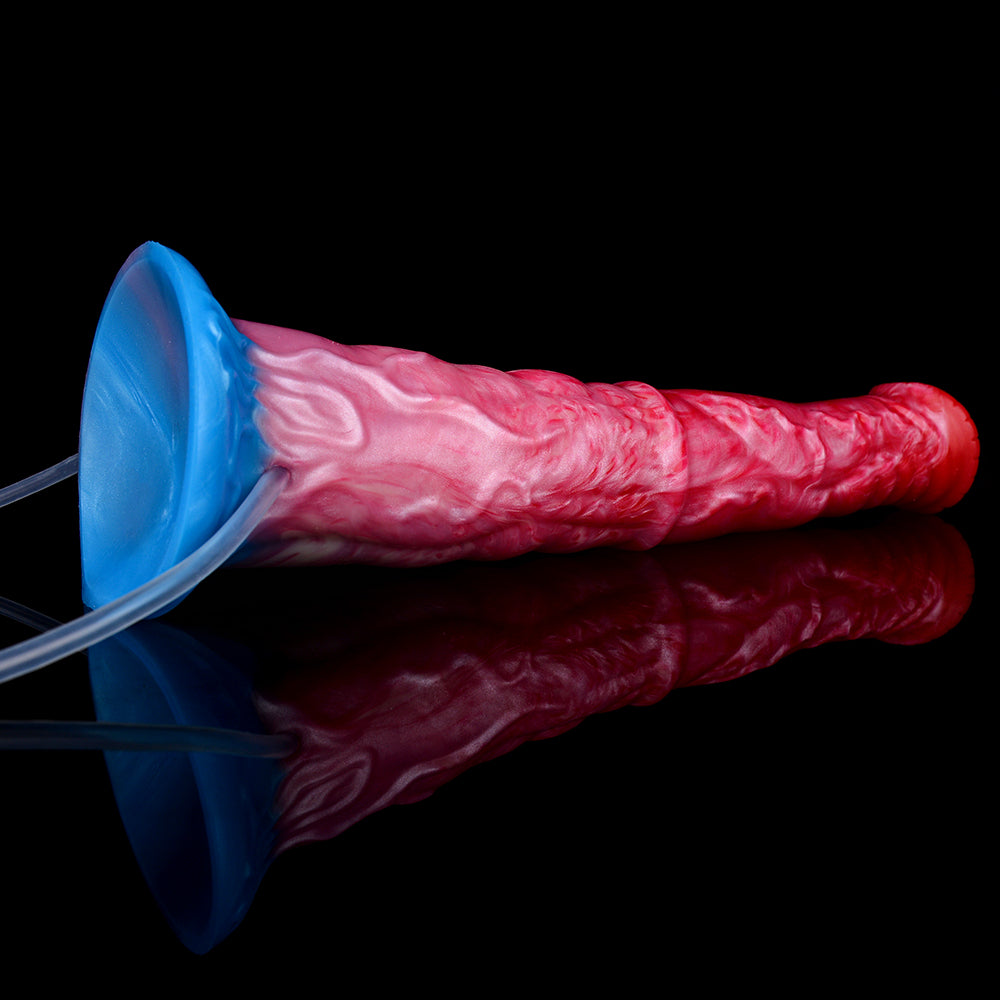 Inflatable equine dildo with pump, red textured body on blue flared suction base