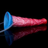 Inflatable equine dildo with pump, red textured body on blue flared suction base