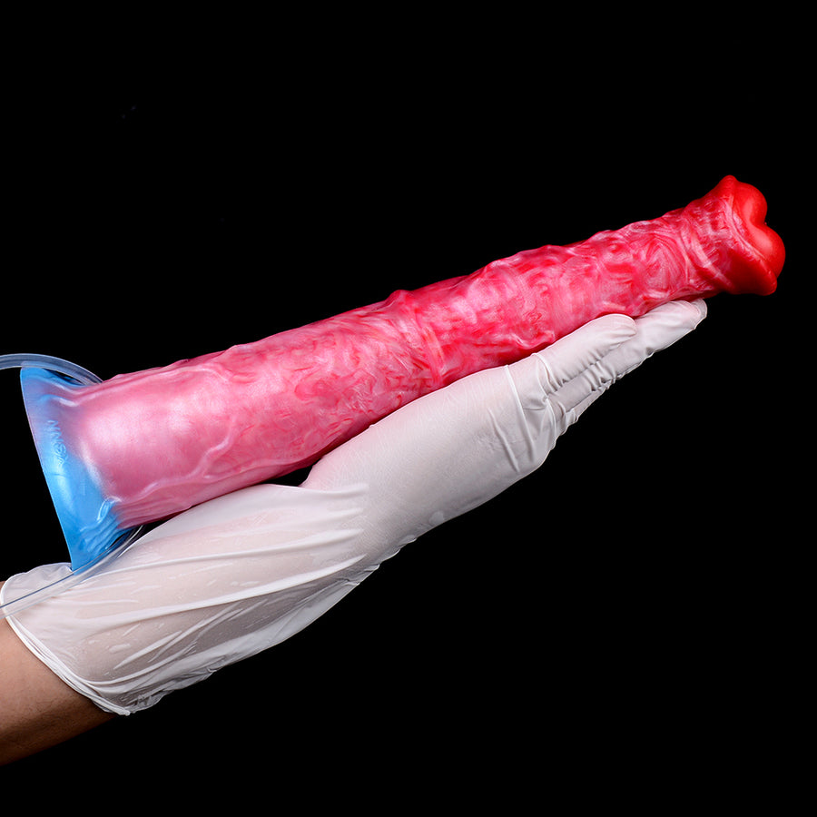 Pink inflatable equine-shaped adult toy with blue base, on a hand, clear tubing attached.