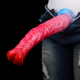 Inflatable equine dildo with pump, red shaft and blue base shown with denim